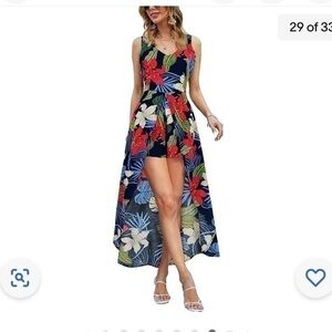 New Kormei Boho Floral Hawaiian Maxi Dress Romper Blue Red Green White Size S